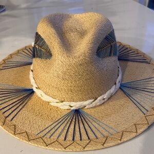 Natural Straw Fedora Hat with Blue Embroidery